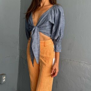 NWT Valiante Tie Up Blouse, Chambray Denim, 3/4 Lightly Puffed Sleeve, XS